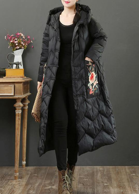 Fine black embroidery goose Down coat oversize down jacket hooded Fine Jackets - SooLinen