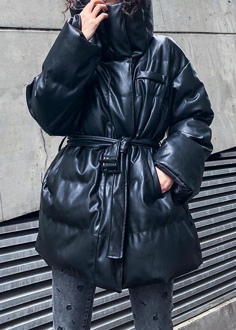 Fine black outwear plus size down jacket high neck zippered overcoat - SooLinen