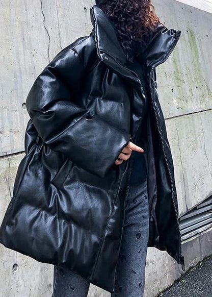 Fine black outwear plus size down jacket high neck zippered overcoat - SooLinen