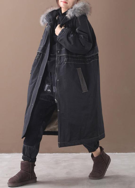 Fine black overcoat plus size snow jackets hooded true fur collar outwear - SooLinen