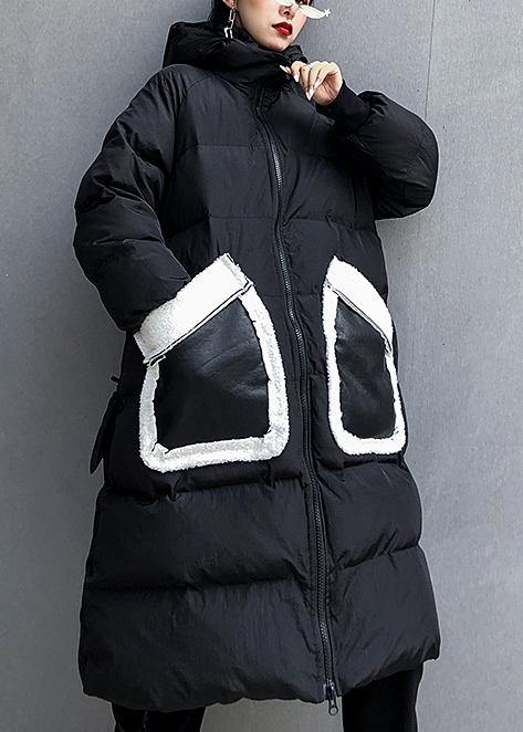 Fine black print Parkas for women Loose fitting winter jacket hooded patchwork overcoat - SooLinen