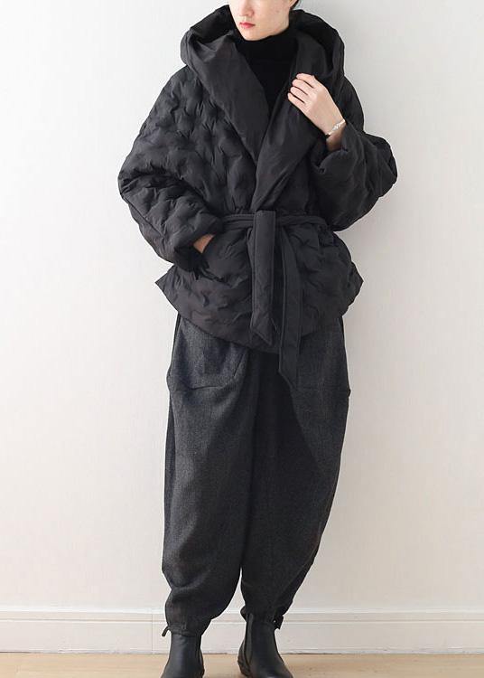 Fine black shortgoose Down coat oversize hooded womens parka tie waistWarm Jackets - SooLinen