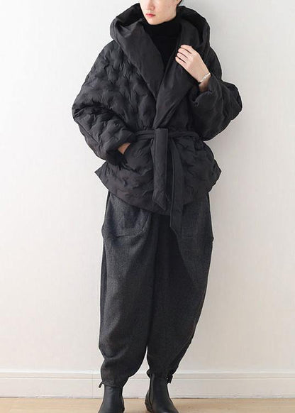 Fine black shortgoose Down coat oversize hooded womens parka tie waistWarm Jackets - SooLinen