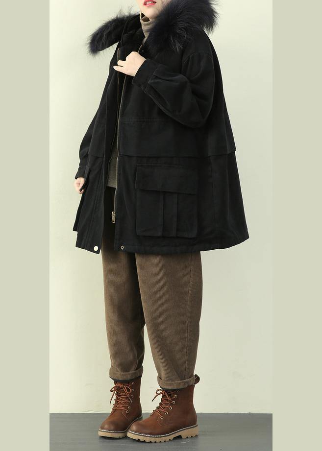 Fine black thick overcoat plus size down jacket faux fur collar winter coats - SooLinen