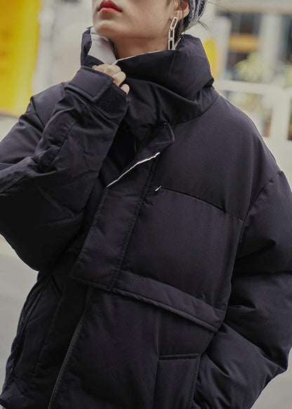 Fine black winter outwear Loose fitting Jackets stand collar patchwork outwear - SooLinen