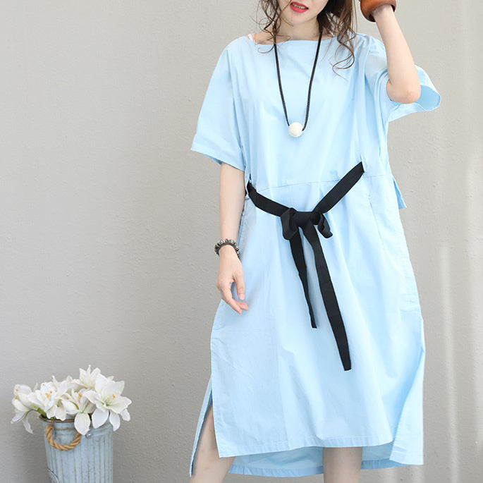 Fine blue linen dress plus size clothing linen clothing dress boutique side open tie waist linen cotton dress