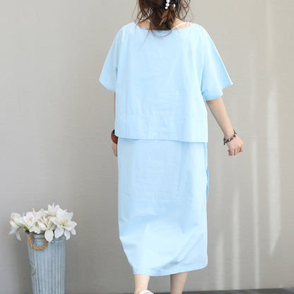 Fine blue linen dress plus size clothing linen clothing dress boutique side open tie waist linen cotton dress