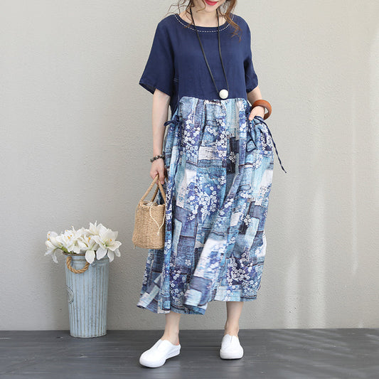 Fine blue linen dresses oversized patchwork floral caftans vintage short sleeve kaftans