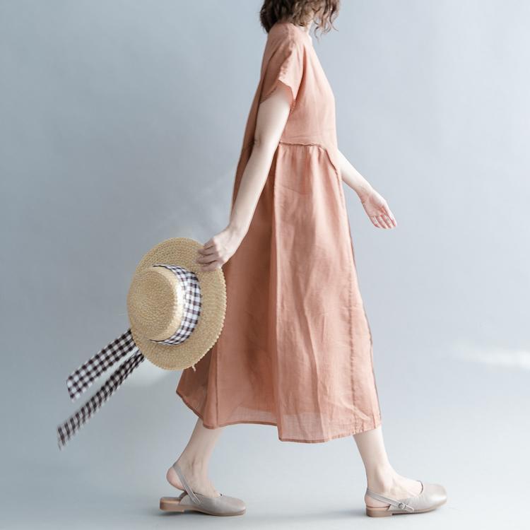 Fine brown long linen dresses plus size clothing o neck patchwork gown Elegant short sleeve baggy dresses