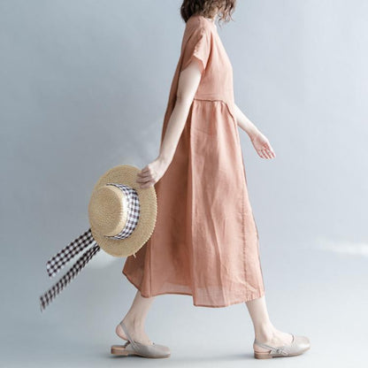 Fine brown long linen dresses plus size clothing o neck patchwork gown Elegant short sleeve baggy dresses