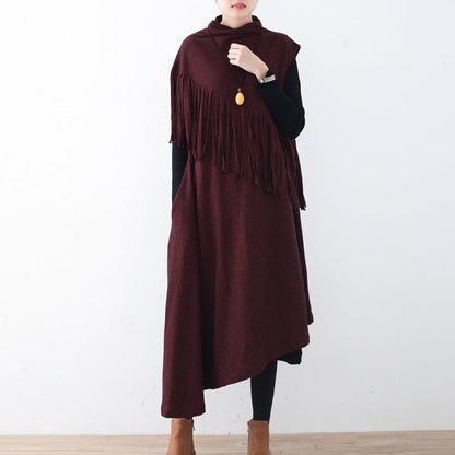 Fine burgundy long woolen trendy plus size tassel fall dresses Elegant asymmetric  winter dress