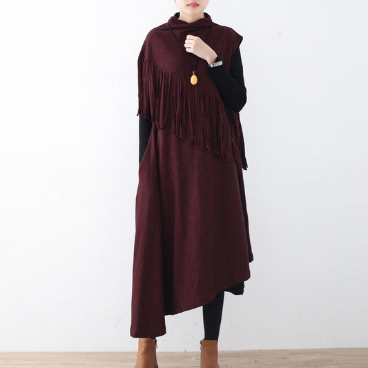 Fine burgundy long woolen trendy plus size tassel fall dresses Elegant asymmetric  winter dress