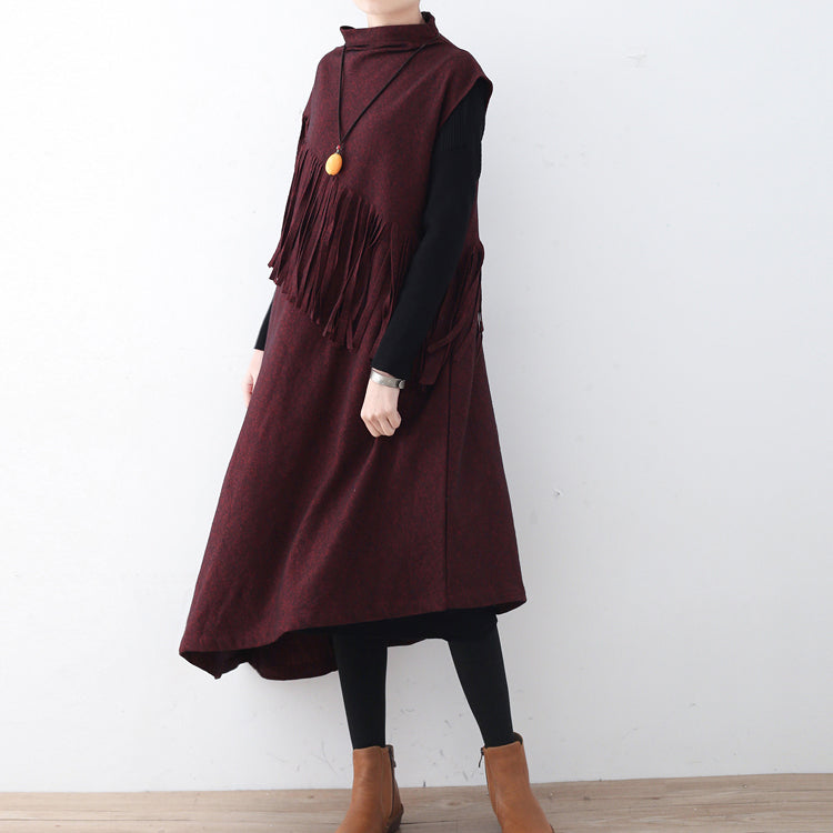 Fine burgundy long woolen trendy plus size tassel fall dresses Elegant asymmetric  winter dress