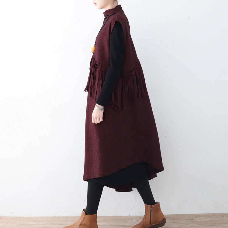 Fine burgundy long woolen trendy plus size tassel fall dresses Elegant asymmetric  winter dress