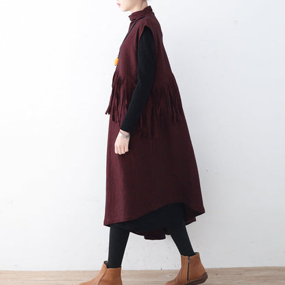 Fine burgundy long woolen trendy plus size tassel fall dresses Elegant asymmetric  winter dress