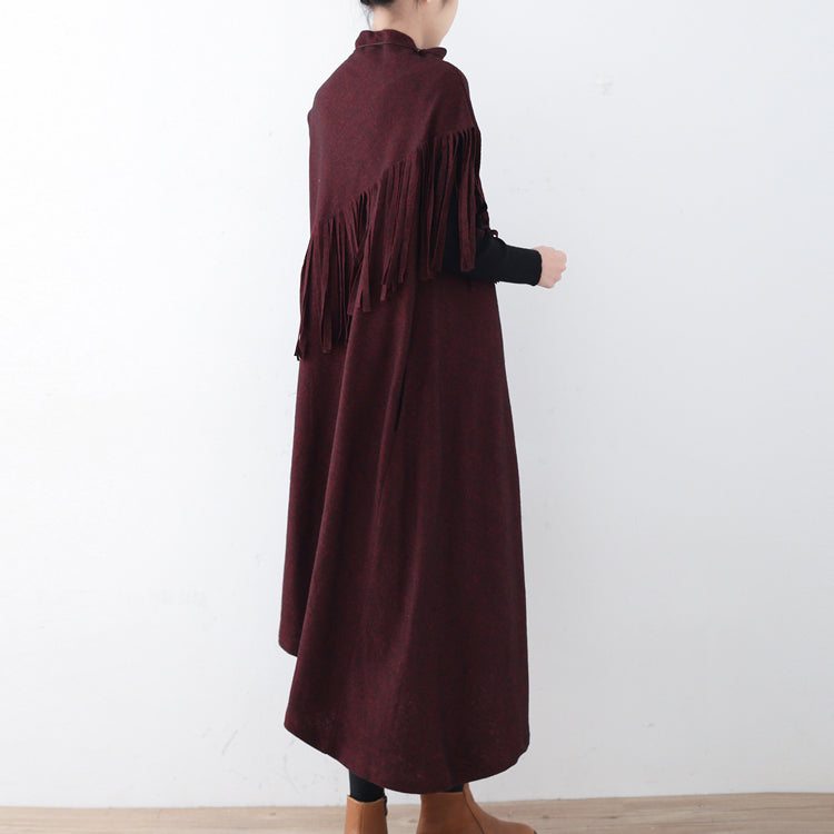 Fine burgundy long woolen trendy plus size tassel fall dresses Elegant asymmetric  winter dress