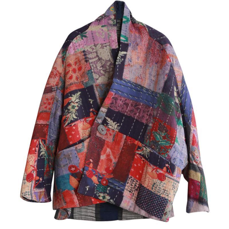 Fine casual down jacket winter outwear print v neck pockets outwear - SooLinen