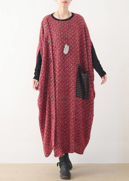 Fine casual long winter dress red o neck asymmetric woolen dress - SooLinen