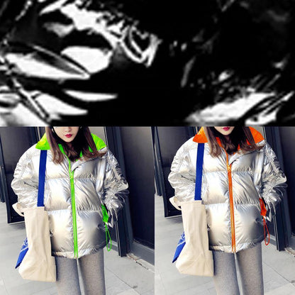 Fine casual womens parka winter outwear silver patchwork stand collar zippered goose Down coat - SooLinen