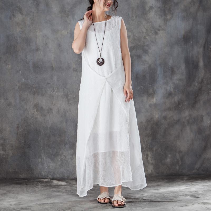 Fine cotton summer dress stylish Round Neck Sleeveless Summer White Long Dress