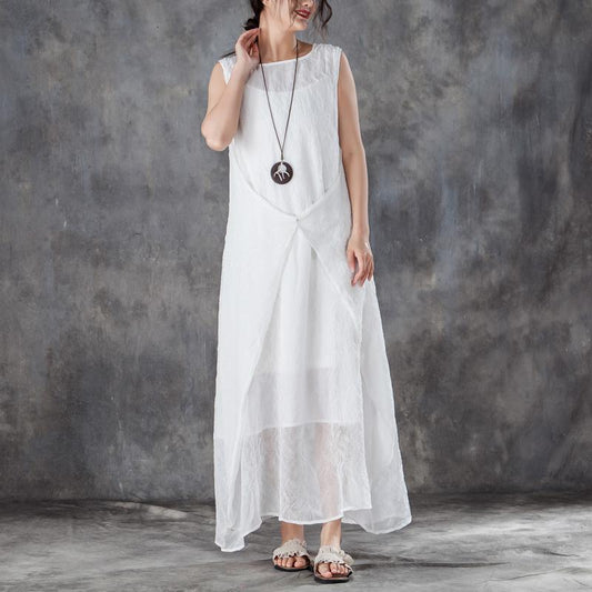 Fine cotton summer dress stylish Round Neck Sleeveless Summer White Long Dress