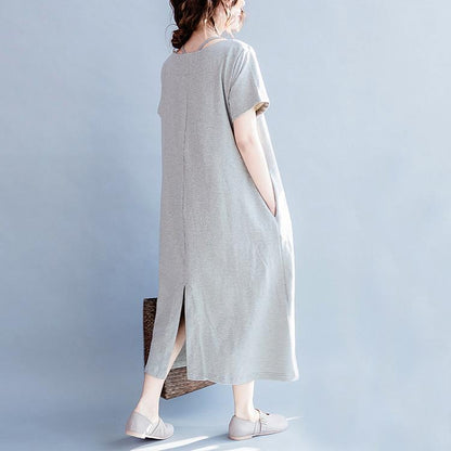 Fine gray cotton dress plus size clothing o neck cotton gown women back side open cotton dress