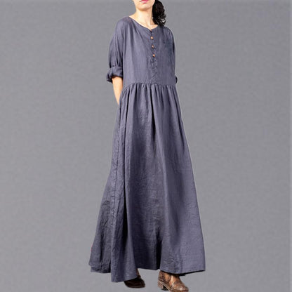 Fine gray embroidery long linen dresses plus size O neck gown 2018 Cinched linen caftans