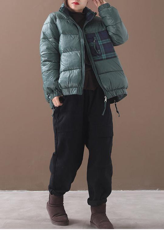 Fine green goose Down coat Loose fitting winter jacket patchwork plaid side zippered Jackets - SooLinen