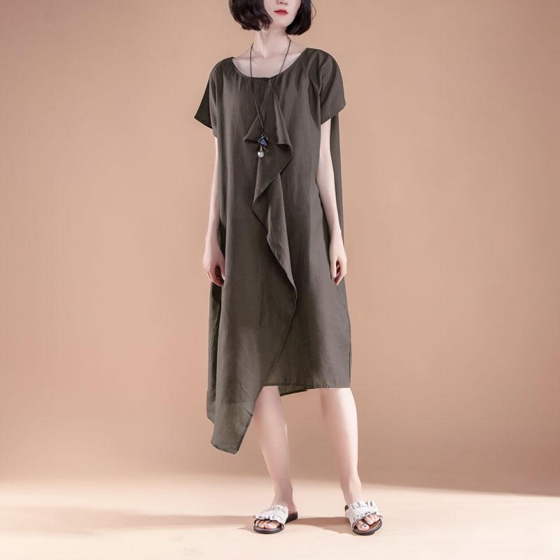 Fine linen cotton dress plus size clothing Short Sleeve High-low Hem Summer Casual Dress
