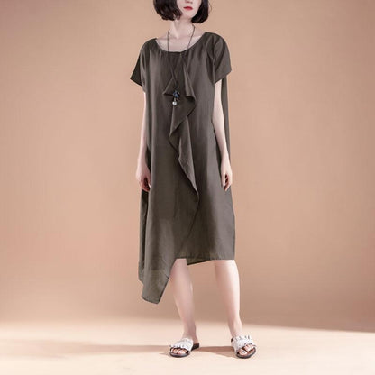 Fine linen cotton dress plus size clothing Short Sleeve High-low Hem Summer Casual Dress