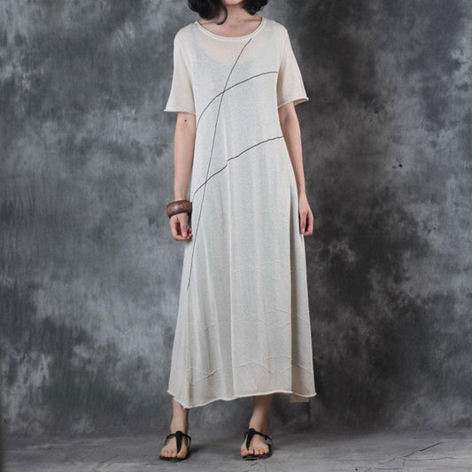 Fine long linen dresses trendy plus size Round Neck Knitting Short Sleeve Flax Dress