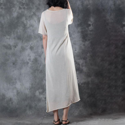Fine long linen dresses trendy plus size Round Neck Knitting Short Sleeve Flax Dress