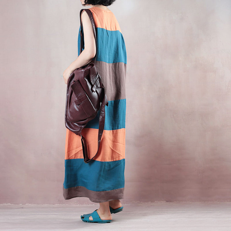 Fine multicolor striped linen maxi dress plus size clothing O neck traveling clothing casual Sleeveless baggy dresses maxi dresses