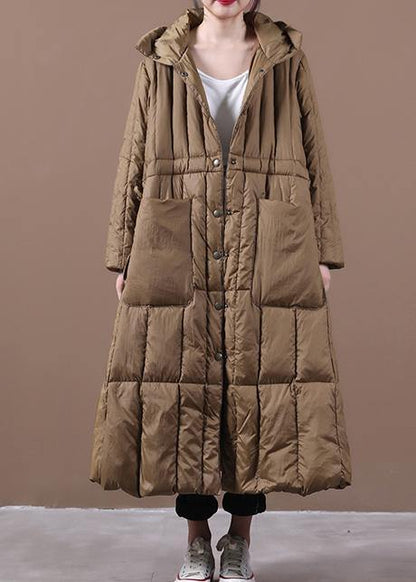 Fine plus size Winter Winter overcoat chocolate hooded pockets goose Down coat - SooLinen