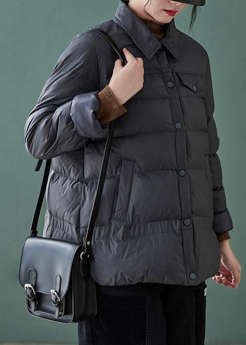 Fine plus size down jacket coats black lapel pockets casual outfit - SooLinen