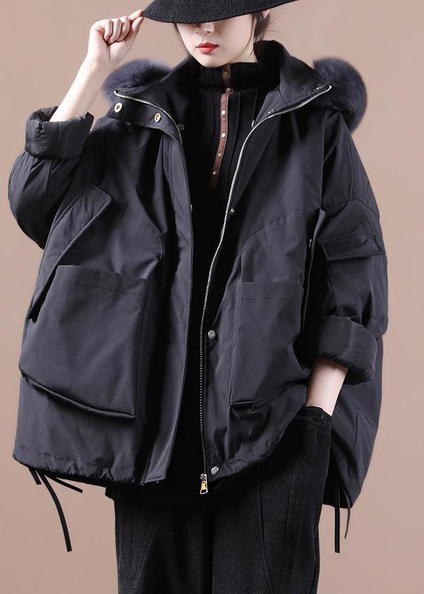 Fine plus size down jacket overcoat black hooded fur collar goose Down coat - SooLinen