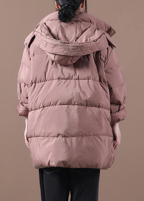 Fine plus size snow jackets pink hooded zippered goose Down coat - SooLinen
