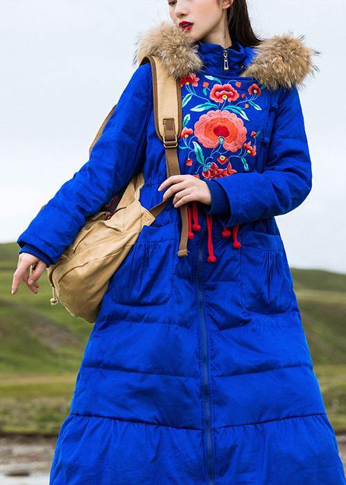 Fine plus size womens parka embroidery overcoat blue hooded goose Down coat - SooLinen