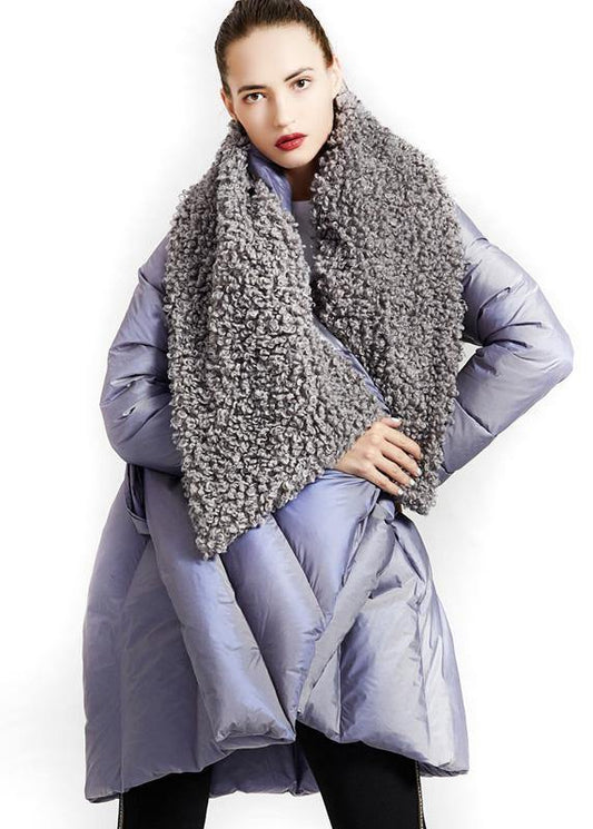 Fine plus size womens parka tie waist coats black fur collar goose Down coat - SooLinen