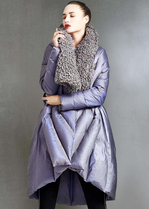 Fine plus size womens parka tie waist coats black fur collar goose Down coat - SooLinen