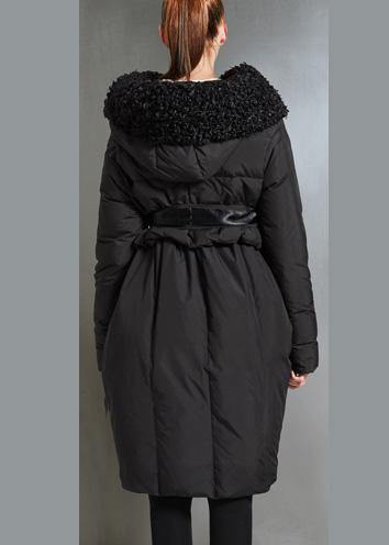 Fine plus size womens parka tie waist coats black fur collar goose Down coat - SooLinen