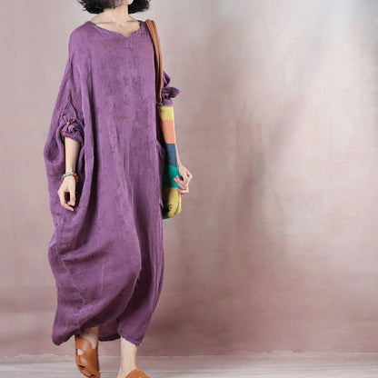 Fine purple long linen dresses oversize o neck asymmetrical design traveling clothing casual long sleeve baggy dresses