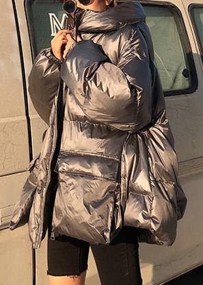 Fine silver gray down coat winter plus size womens parka hooded zippered Fine winter outwear - SooLinen