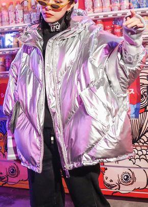 Fine silver gray print women parka oversize down jacket hooded zippered overcoat - SooLinen