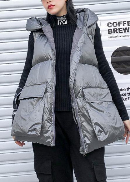 Fine silver gray winter outwear plus size clothing snow sleeveless hooded pockets winter outwear - SooLinen