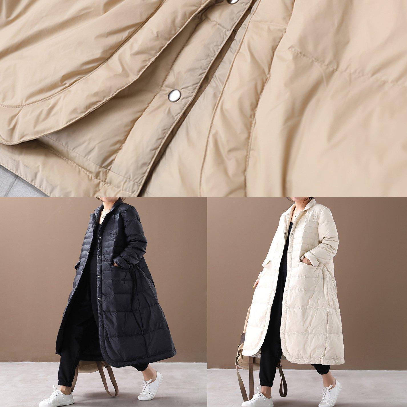 Fine trendy plus size womens parka coats black Notched pockets goose Down coat - SooLinen