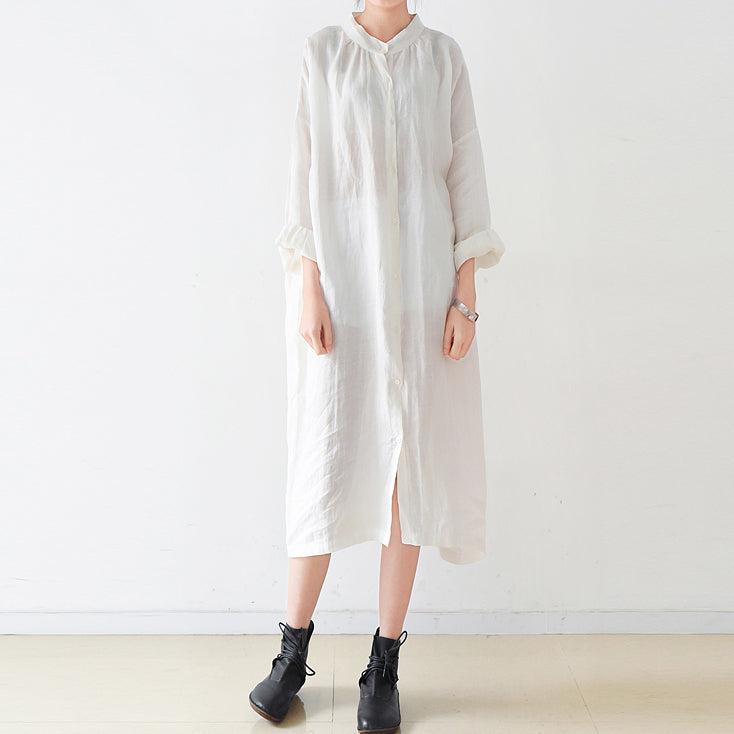 Fine white Ramine linen dresses plus size 2025 fall linen shirt dress