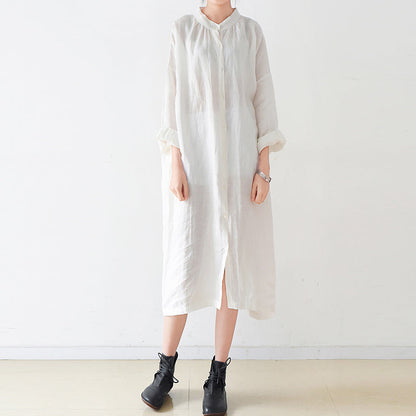 Fine white Ramine linen dresses plus size 2025 fall linen shirt dress