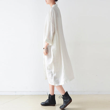 Fine white Ramine linen dresses plus size 2025 fall linen shirt dress
