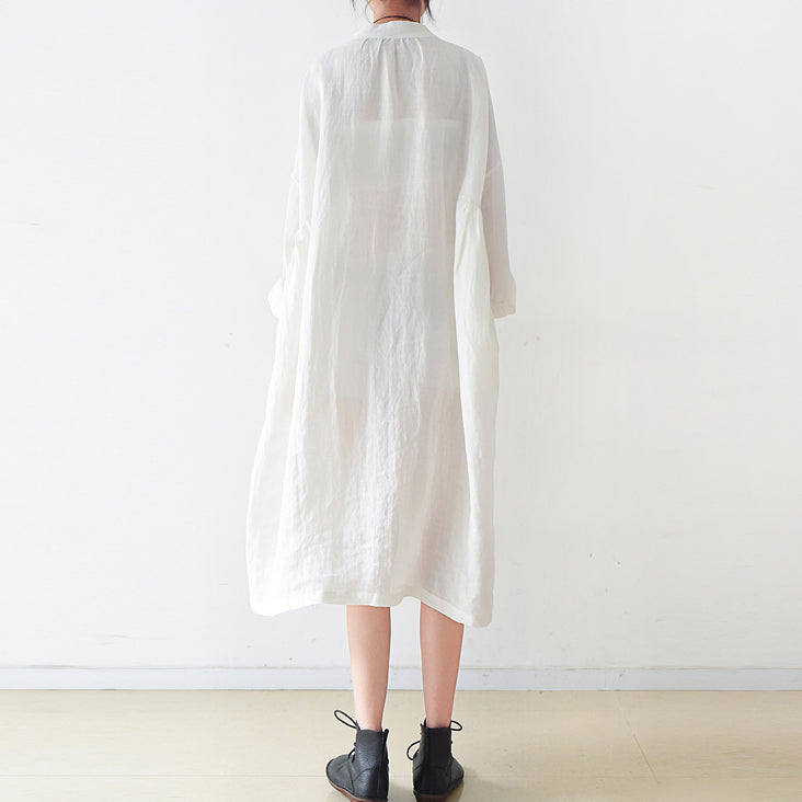 Fine white Ramine linen dresses plus size 2025 fall linen shirt dress